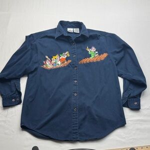 Disney Navy Blue Button-Down Shirt Embroidered Seven Dwarfs vintage Medium M